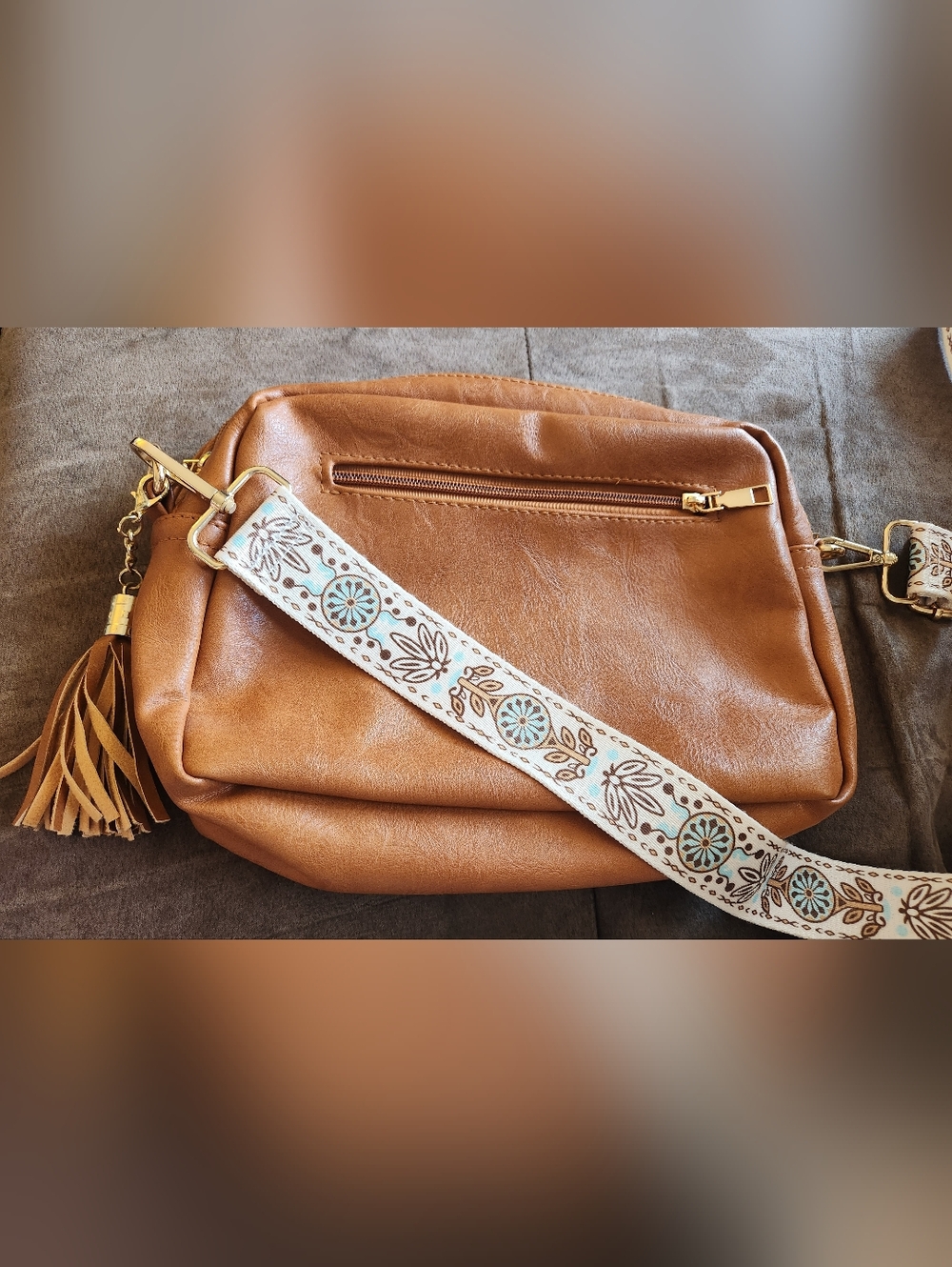 Women's Tan Crossbody Bag with Embroidered Straps